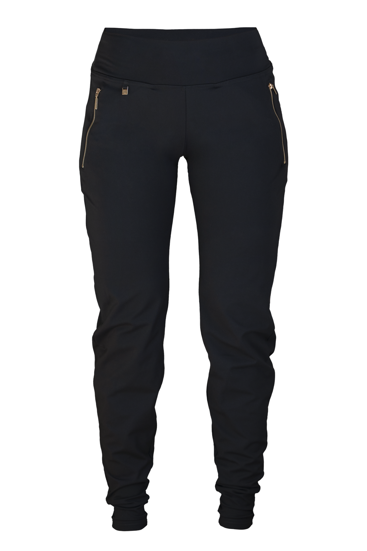 Edge Casual Zip Pants uitgeknipt van voren. Zwart met hoge taille en goudkleurige ritsen bij de zakken.