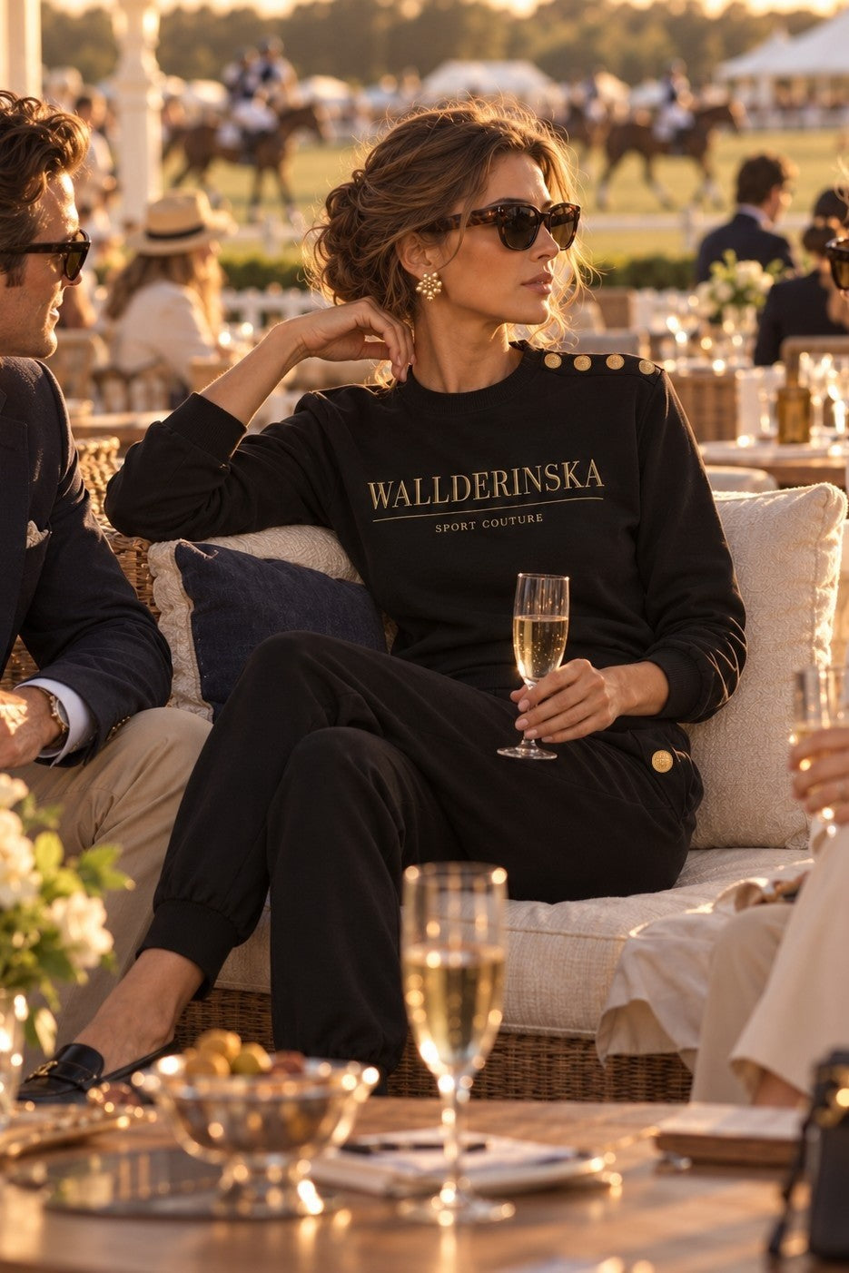 De Edge Gold Button set in zwart bij een polowedstrijd in de avondzon, met een glas champagne.