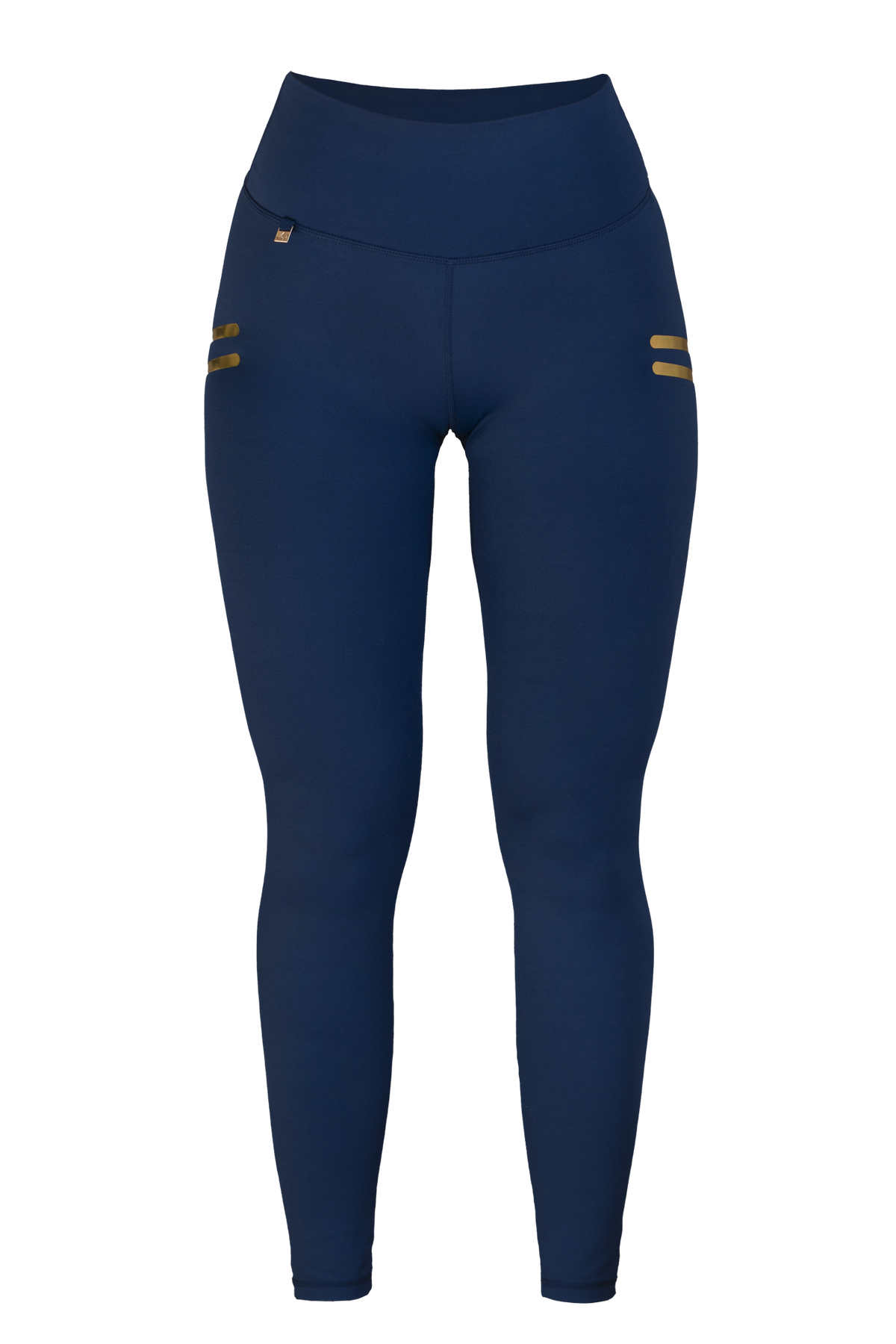 Edge Stripe legging navy vrijstaand van voren. Hoge taille en twee korte gouden strepen op de heup.