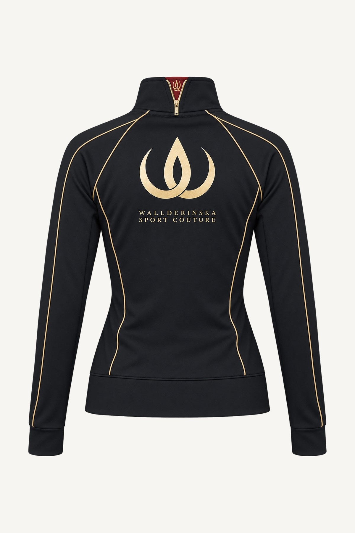 Goldline Träningsjacka van achteren, vrijstaand. Groot gouden logo tussen de schouderbladen en gouden bies langs de rugnaden.