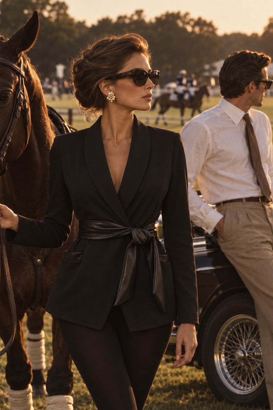 Edge Blazer in zwart met bindceintuur in de taille, bij de stallen op een middag