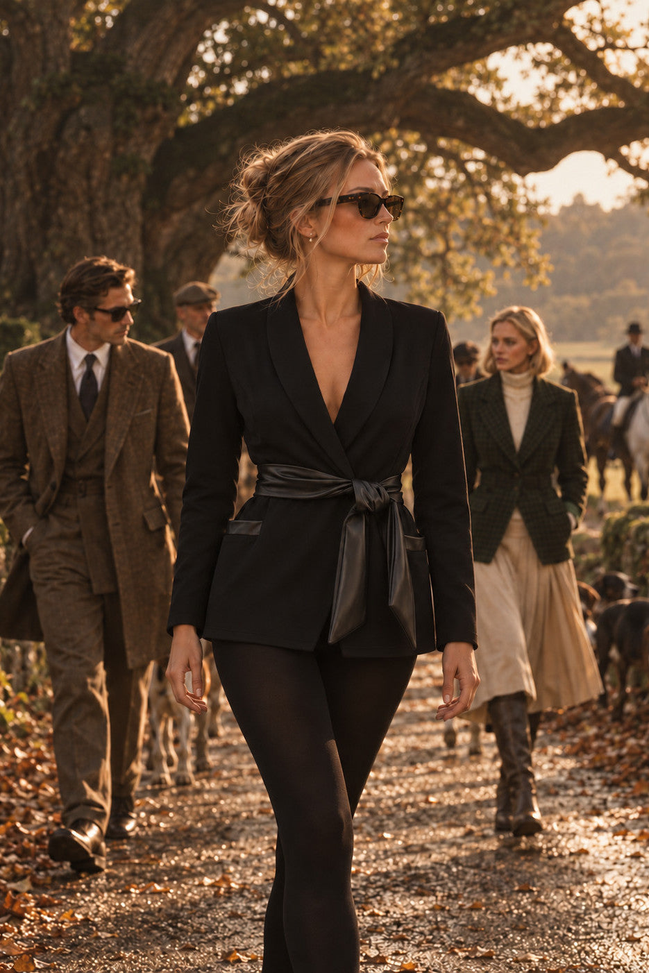 Edge Blazer in zwart in een laan onder de eiken in de herfst